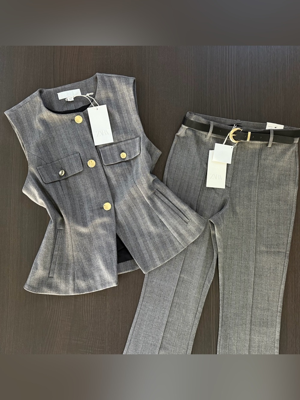 Zara Gray Pinstripe Vest and Flare Pants Set with Gold Buttons - Picture 2 of 14